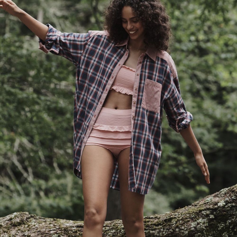 ANTHROPOLOGIE Oversized Plaid Button-Up Shirt Jacket in Blue and Pink NWOT